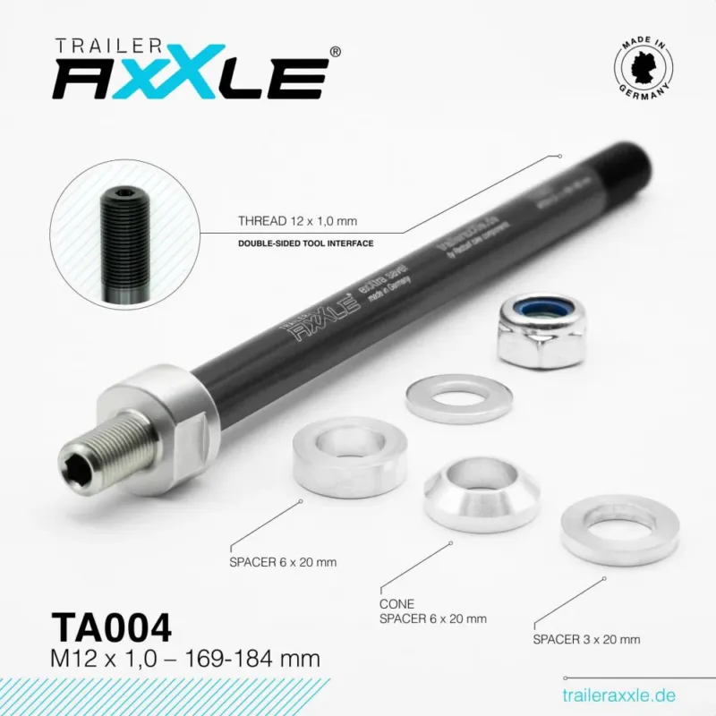 Radoxx Trailer AxXle TA004 Steckachse M12x1.0 169-184mm für Fahrradanhänger TÜV-geprüft, Made in Germany Sofort Bestellen