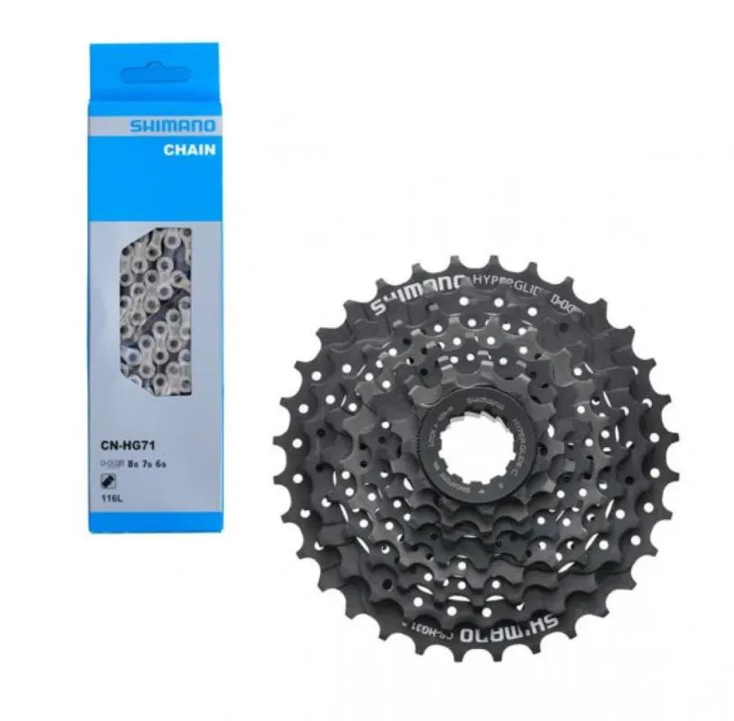 Billig Shimano Antriebsset mit Kassette CS-HG31 8-fach 11-32 Zähne, Kette CN-HG71 116 Glieder, für 6/7/8-fach, langlebig, präzise Schaltung, MTB & Trekking geeignet