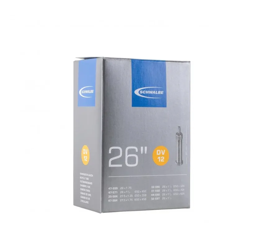 Schwalbe Fahrradschlauch DV12, 26x1.20-1.75", Dunlop-Ventil 40mm, passend für Reifengrößen 32-47/559-597, Butyl-Gummi, 140g, hohe Luftdruckstabilität, zuverlässig Finale Aktion