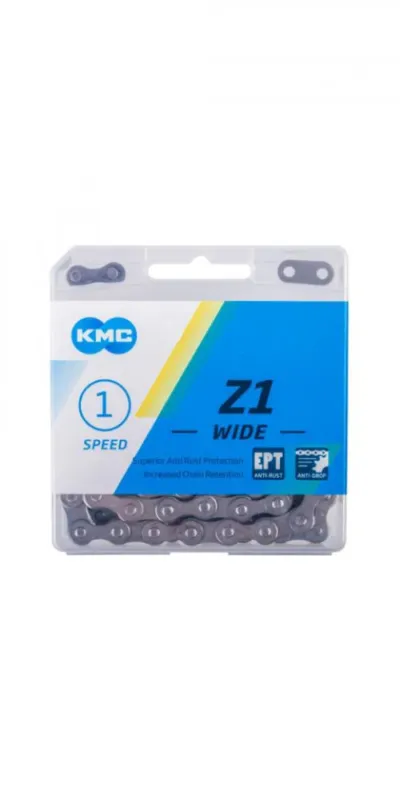 KMC Z1 Wide EPT Fahrradkette 1/2" x 1/8", 112 Glieder, 8,6 mm Breite, EcoProTeQ Antirost-Beschichtung, LongLife-Technologie, für Singlespeed, Nabenschaltungen, BMX, Fixie, mit Snap-On Verschlussglied Preiswert
