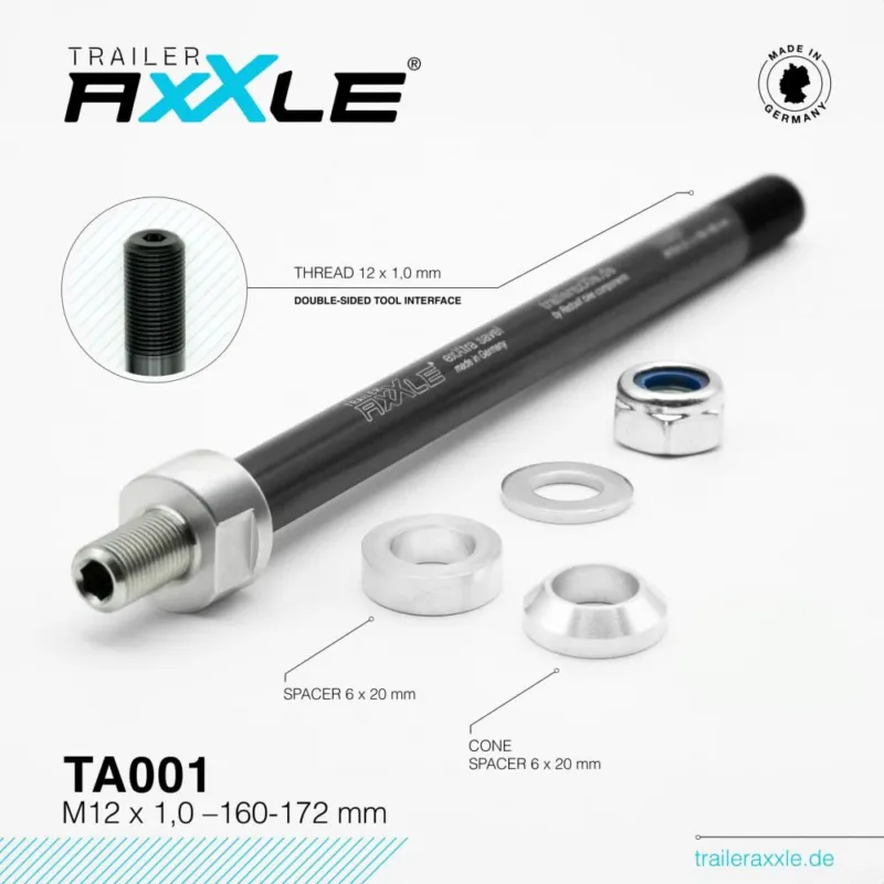 Zertifiziert Radoxx Trailer AxXle TA001 Steckachse M12x1.0 160-172 mm, TÜV-geprüft, Alu/Edelstahl, für Thule, Croozer, Burley, Made in Germany