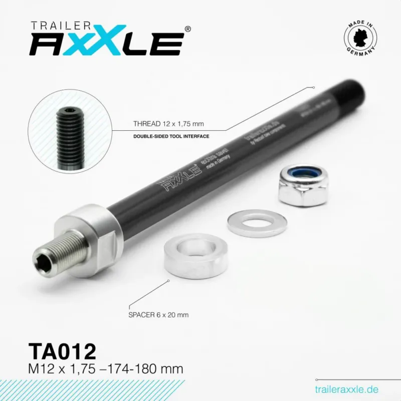Geprüft Radoxx Trailer AxXle TA012 Steckachse M12x1,75 174-180 mm, TÜV-geprüft, Alu 7075-T6, für Thule/Croozer, Made in Germany