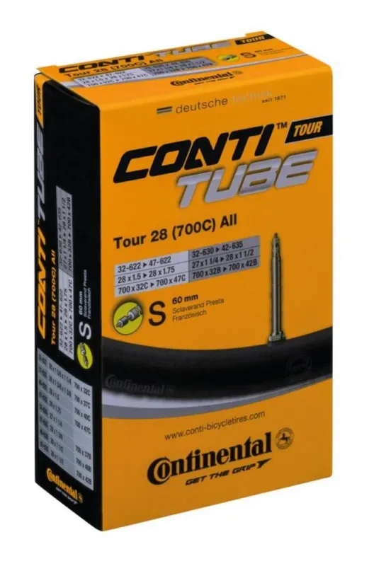 Continental Schlauch Tour 28 All SV 60 mm - passend für 27"/28" Reifen (32-47-622/635), hochwertiger Butylschlauch mit Sclaverand-Ventil Geprüft