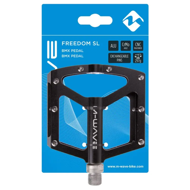 Mega-Angebot M-WAVE Freedom SL Plattformpedal - CNC-Alu, CrMo-Achse 9/16″, 96×91 mm, 297 g/Paar, austauschbare Pins, bis 140 kg (ISO 4210), schwarz