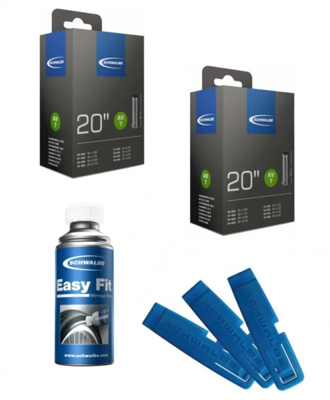 Preisreduziert Schwalbe Fahrrad-Set: 2x Schlauch AV7 20x1.50-2.50" (AV 40mm), 3 Reifenheber, 1x Easy Fit 50ml ideal für 20-Zoll-Reifen