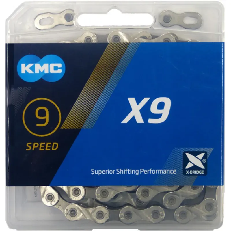 KMC - Fahrradkette X9 Silber/Grau - 9-fach - 1/2" x 11/128" - 114 Glieder - 6,6mm - hohe Haltbarkeit - präzise Schaltvorgänge - für Shimano, SRAM & Campagnolo geeignet Zertifiziert