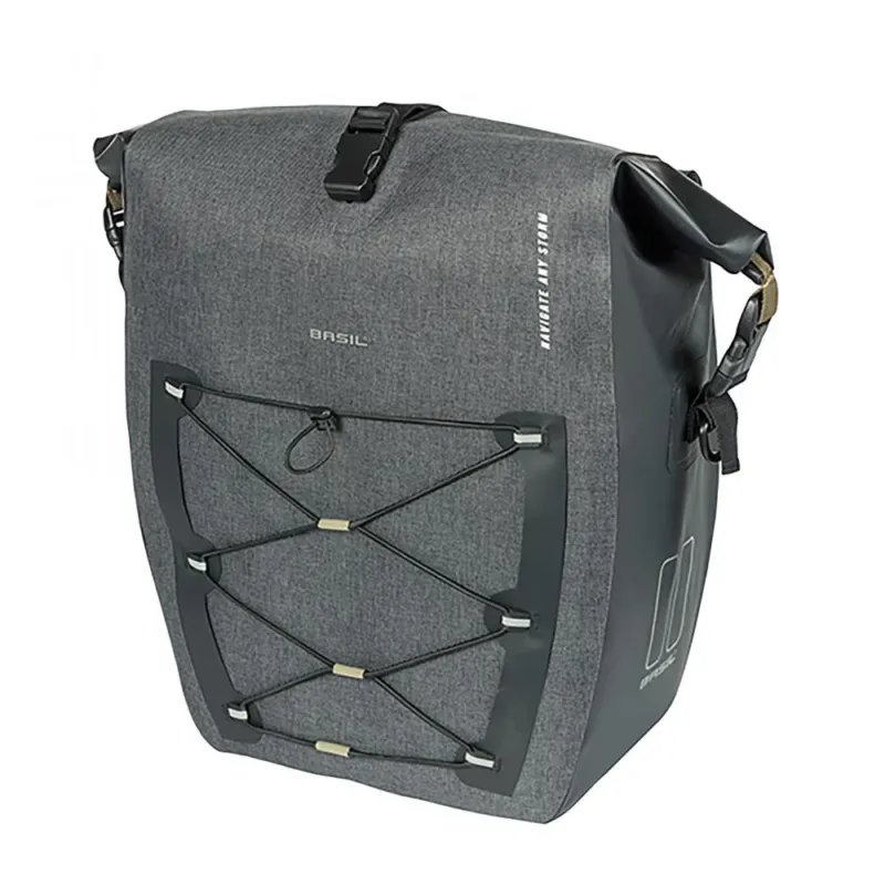 Basil Einzeltasche Navigator Storm MIK Hooks - 25 Liter - Tarpaulin / Polyester - wasserdicht (IPX3) - Rolltop mit Schnalle - Kompressions-Vortasche - verstellbar inkl. Schultergurt - Reflexion - Fahrradtasche Kracherpreis