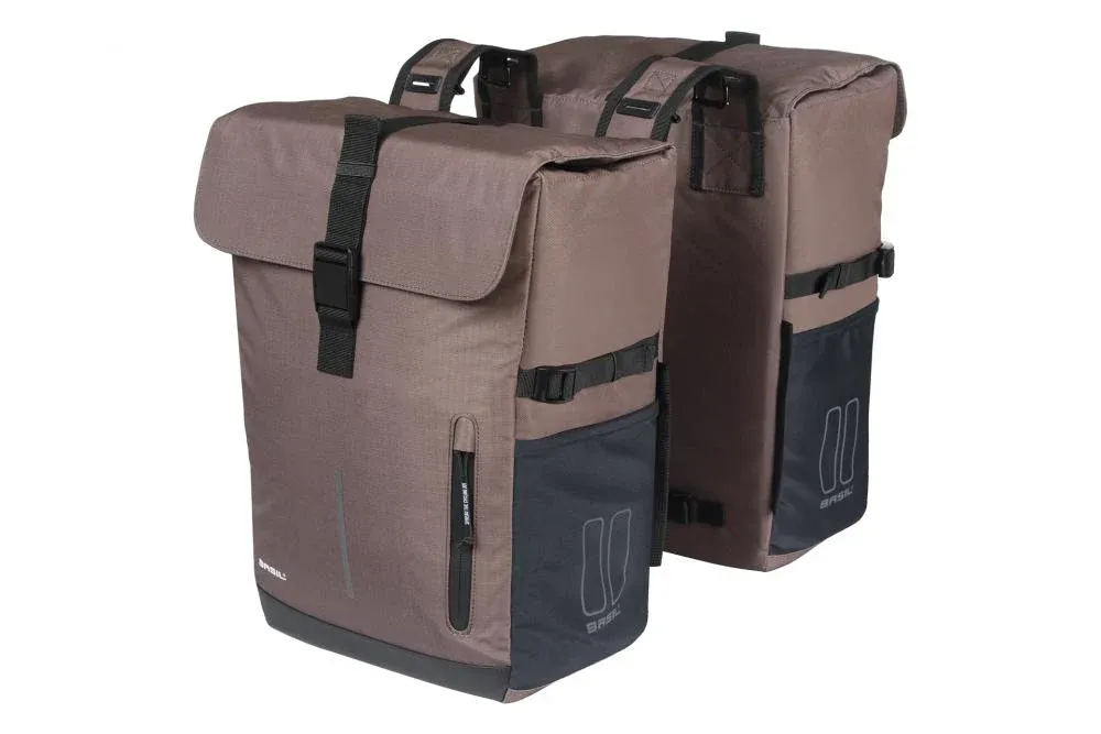 Basil Doppelpacktasche Move 30 Liter Braun - doppelte Fahrradtasche mit Universal-Bridge / MIK-Kompatibilität, wasserabweisendem recyceltem Polyester & Reflektoren Saisonangebot
