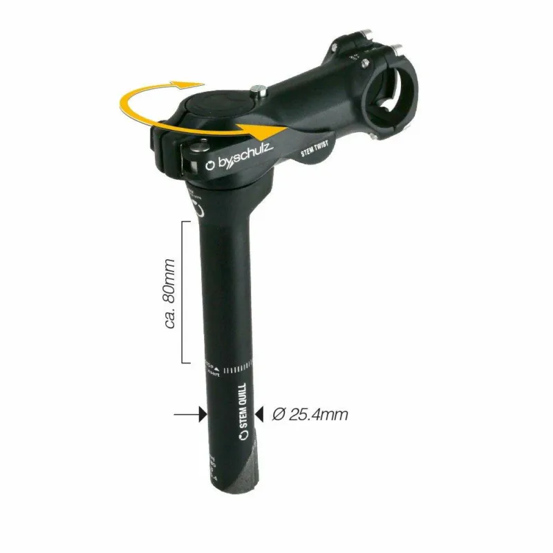 By,Schulz Vorbau Stem Quill Twist SDS Vorbaulänge 105 mm schwarz - Alu 6061-T6 3D geschmiedet, höhenverstellbar bis 80 mm, Lenkerklemmung 31,8 mm, Gabelschaftdurchmesser 25,4 mm, 8° Winkel Kostenloser Rückversand
