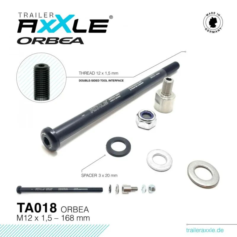 Markenware Radoxx Trailer AxXle TA018 Orbea Steckachse 12x148mm Boost M12x1,5 168mm TÜV-geprüft für Kinderanhänger - Made in Germany