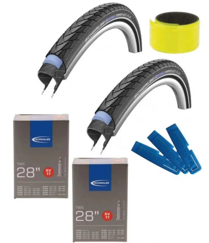Echt Schwalbe MARATHON PLUS 28x1.40 + 2x SV17 Schlauch + Reifenheber + Reflexband